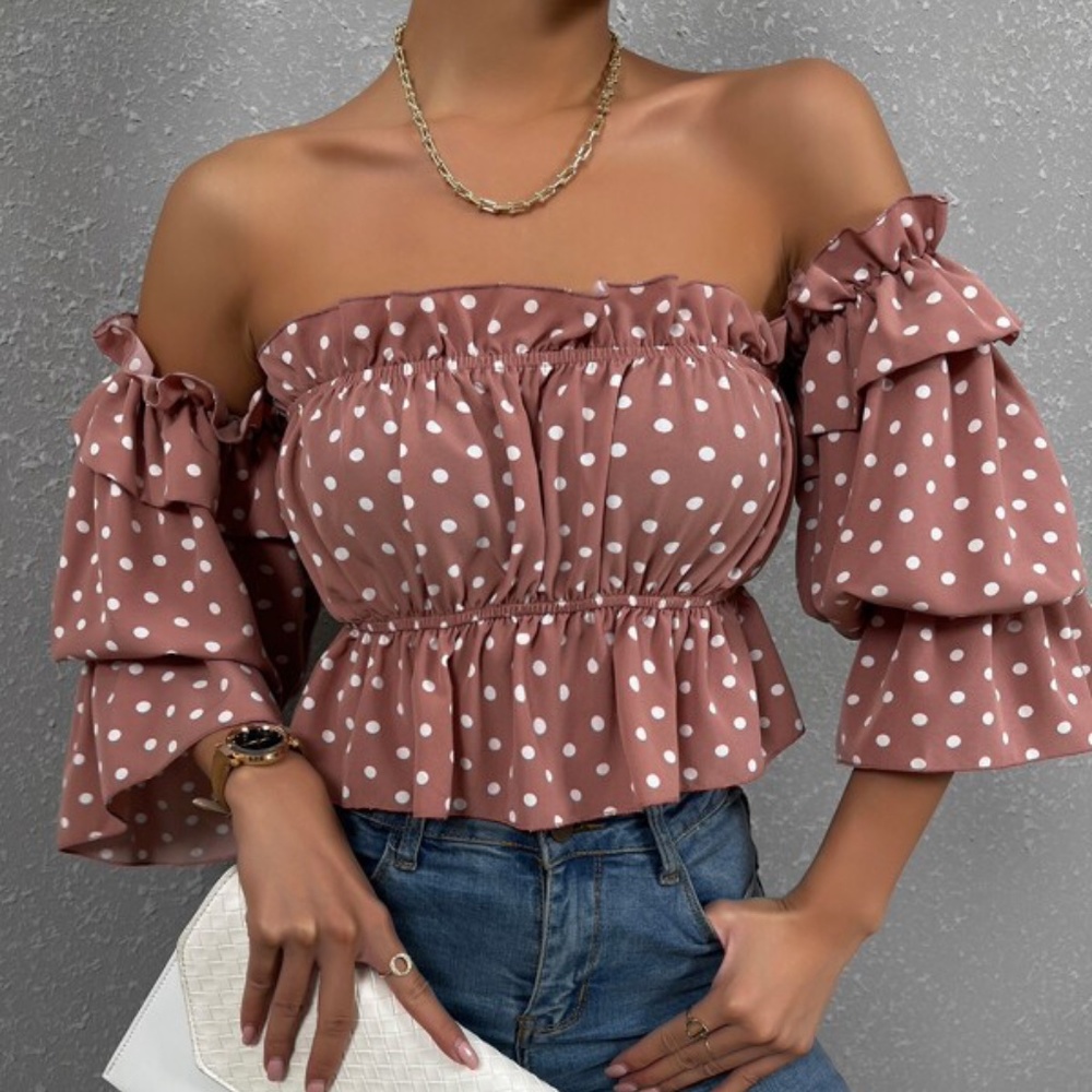 Dusty Pink Off Shoulder Polka Dot peplum Blouse - Picture 4 of 4